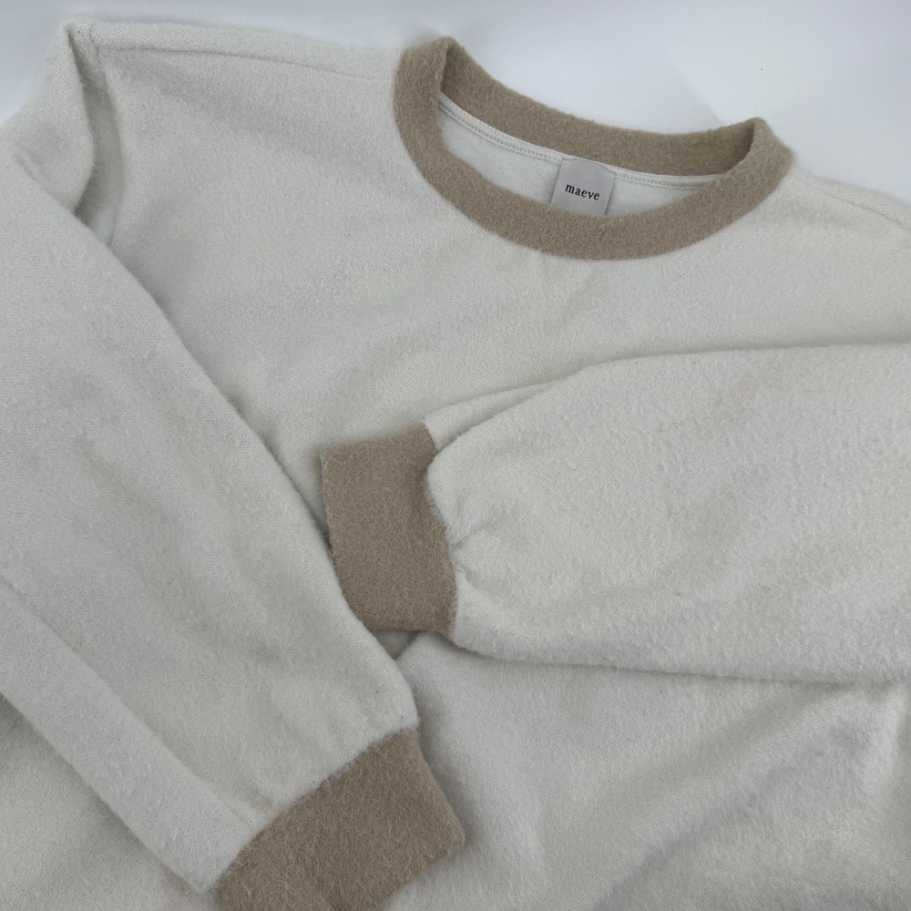 Maeve Anthropologie Cream Tan Fuzzy Eyelash Knit Crewneck Sweatshirt Small - Picture 9 of 9